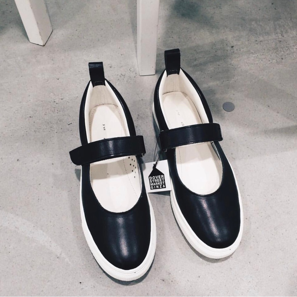 Dover Street Market Black Mary Jane Leather Flats With White Sole